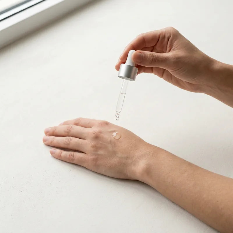 A glass dropper held above the back of a hand, releasing a drop of the serum.